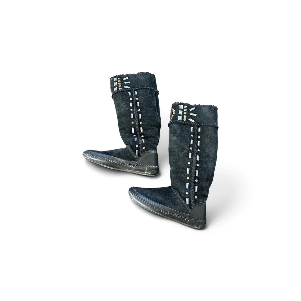 Tory Burch Moccasin Boots 8 Black Suede Crystal Rhinestone Tall Boho Sherpa